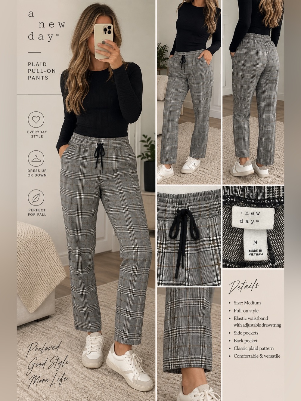 New Day Plaid Pull-On Pants Medium Gray Black Preppy Academia Trousers